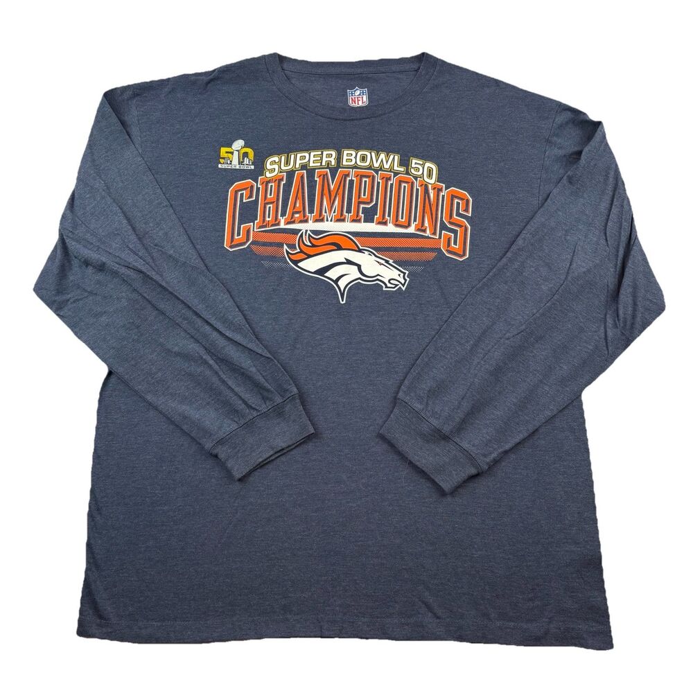 Denver Broncos NFL Super Bowl Champs Long Sleeve T Shirt Mens XL Gray Crew Neck